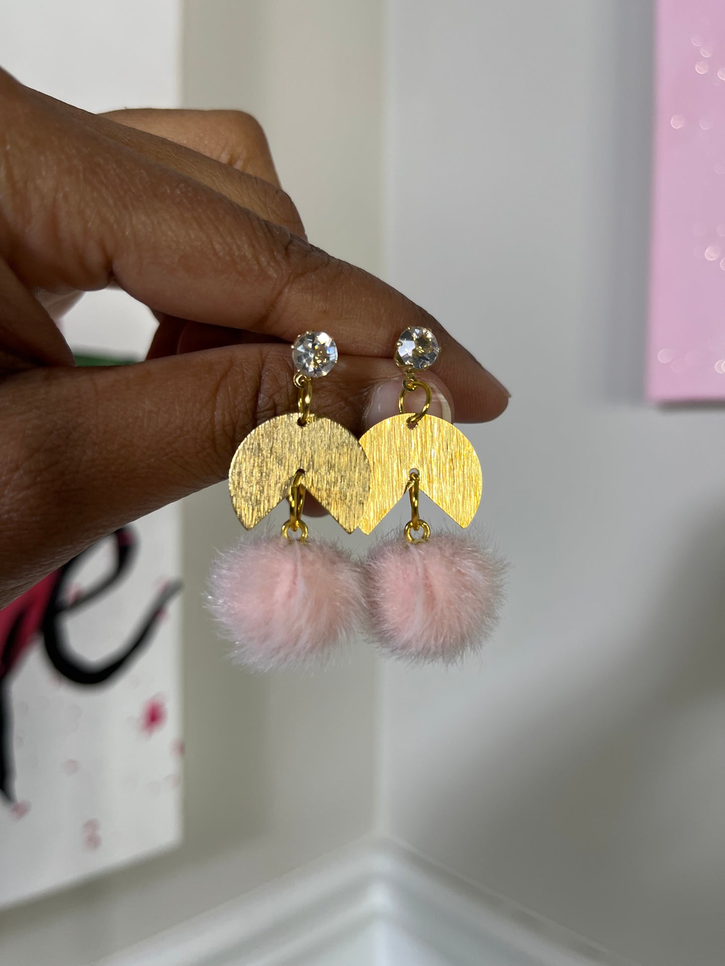 Gold and Pink Pom Pom Earrings