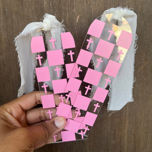 Pink Checkerboard Cross Acrylic Bookmarks