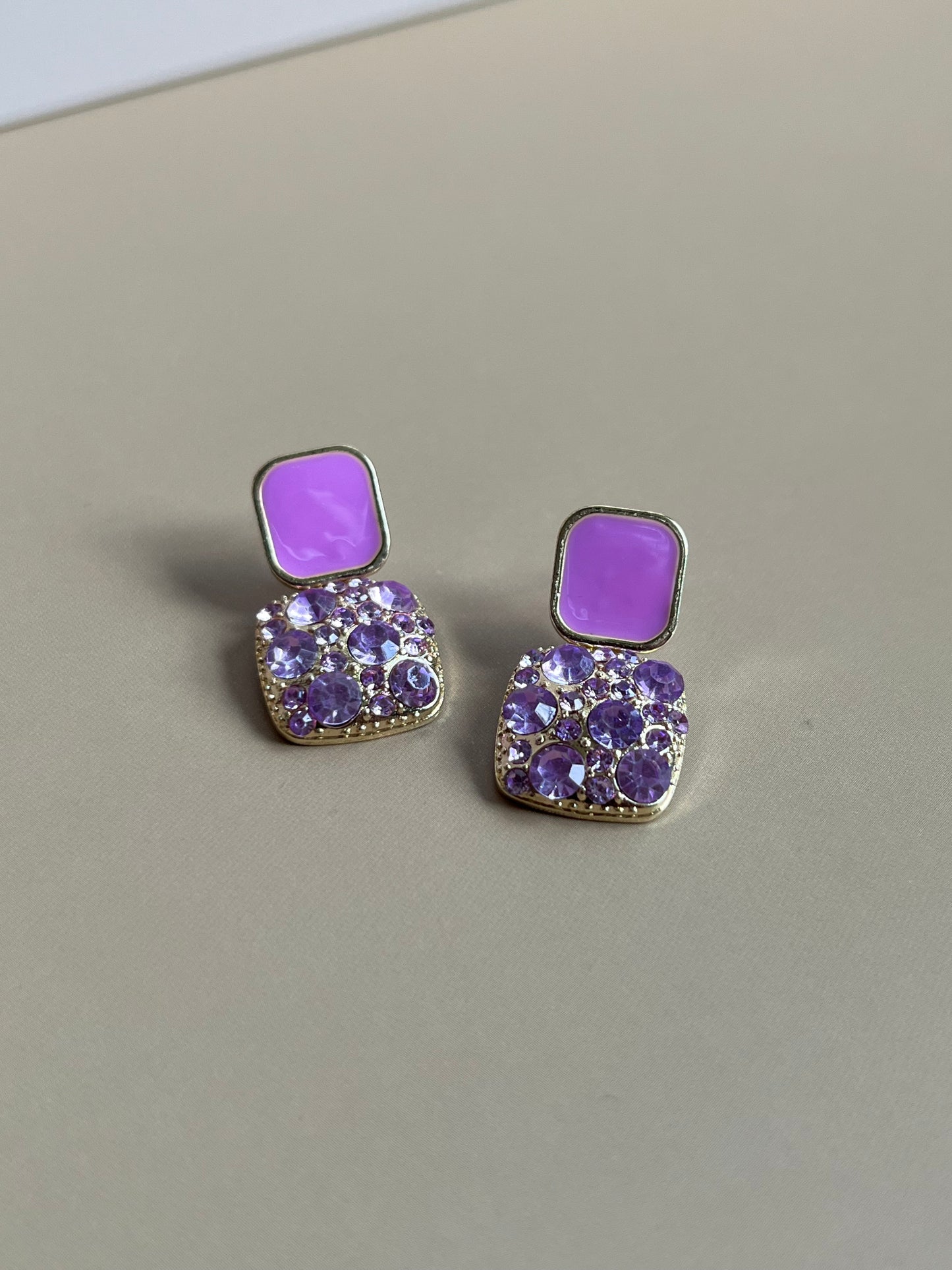 Purple Vintage Square Geometric Rhinestone Earrings