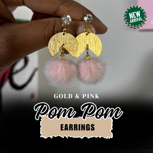 Gold and Pink Pom Pom Earrings