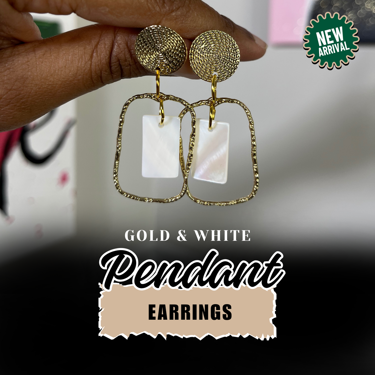 Gold and White Pendant Earrings