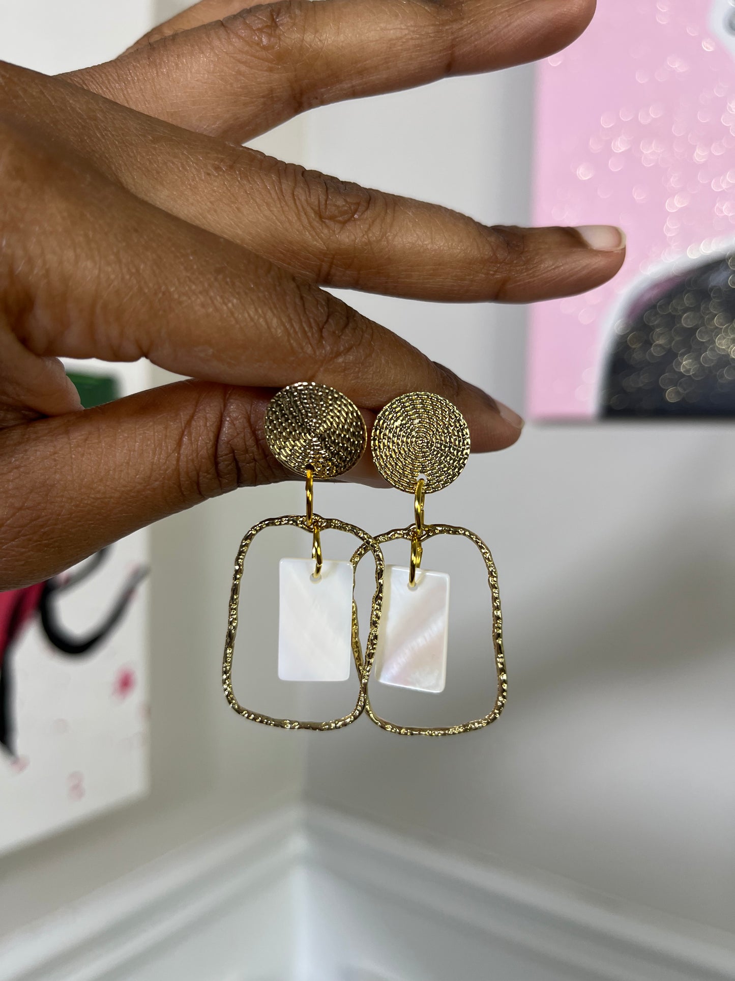 Gold and White Pendant Earrings