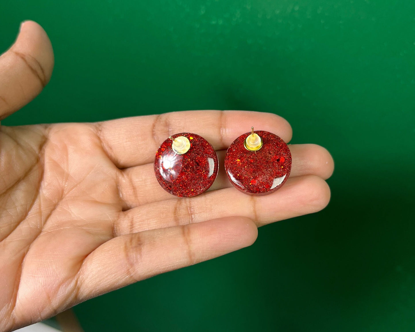 Red Circle Glitter Resin Earrings | Stud Earrings | Valentines Day Gift | Gift For Her | Gift Ideas | Round Earrings | Jewelry