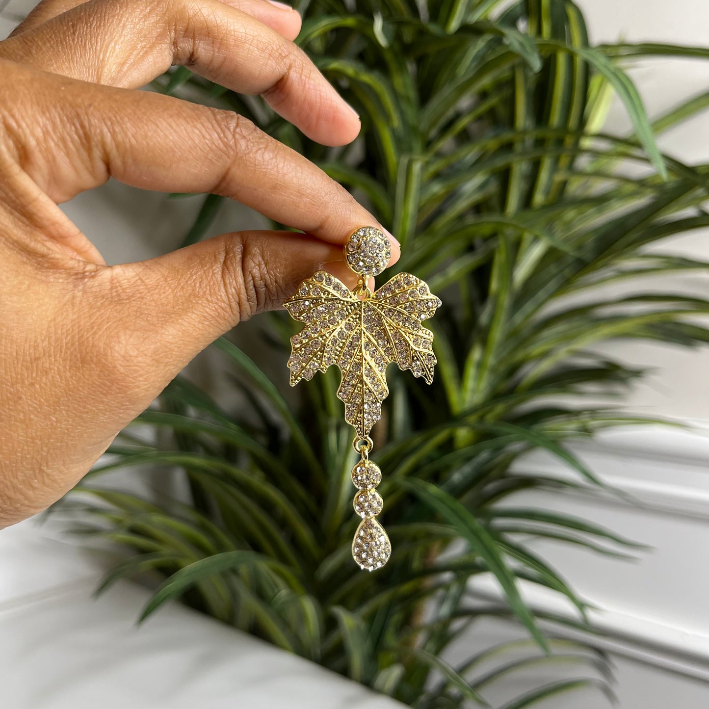 Golden Leaf Crystal Dangle Earrings