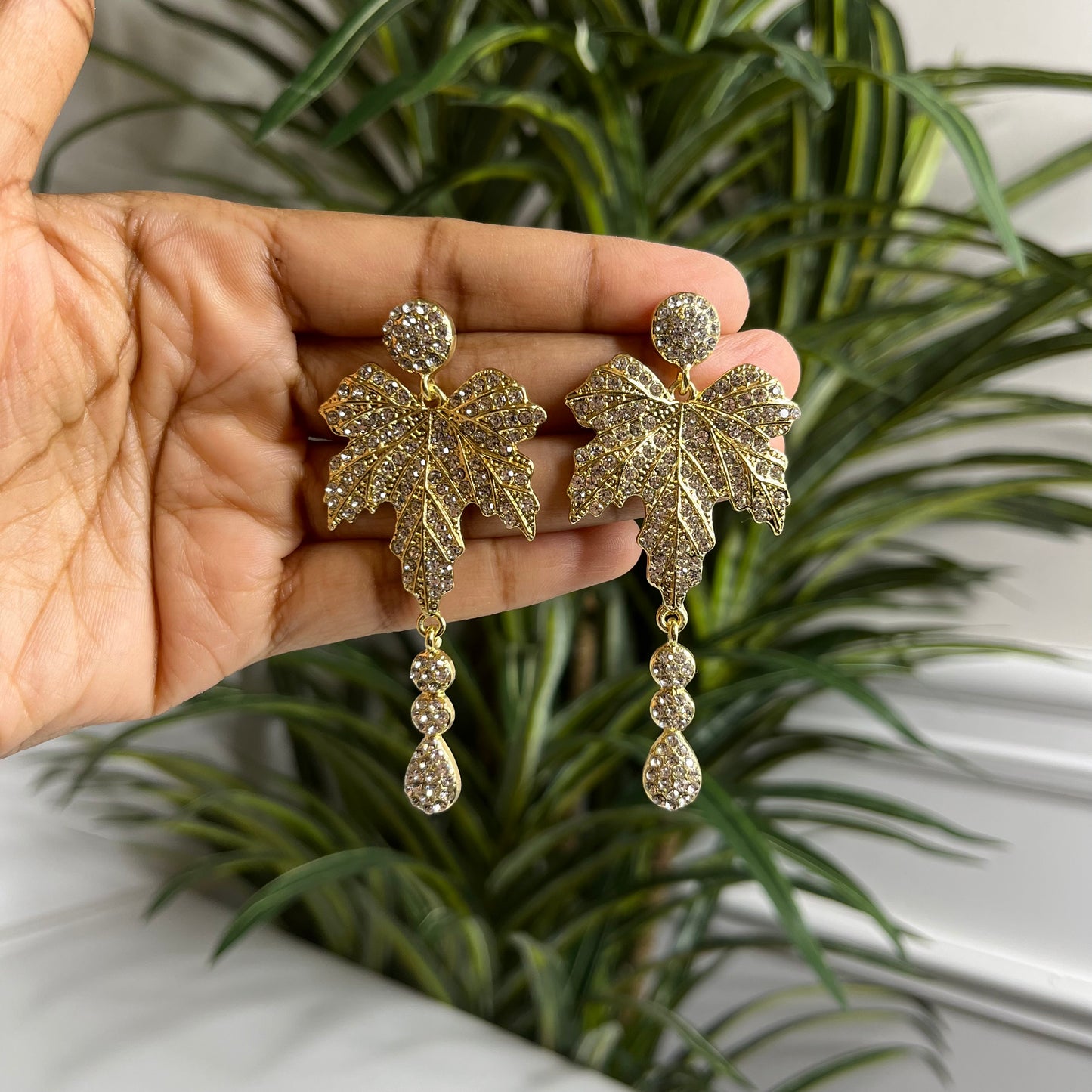 Golden Leaf Crystal Dangle Earrings